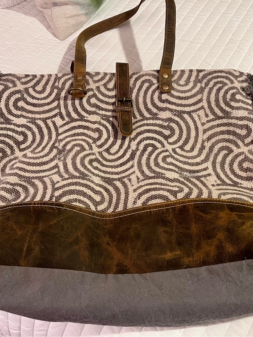 Myra - one of a kind, leather and canvas upcycled weekender tote